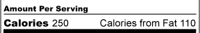 Calorie section of label, showing number of calories per serving and calories from fat.